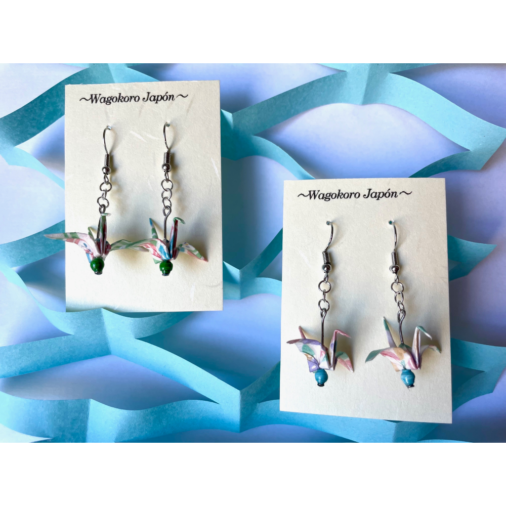 Wagokoro Japón Pendientes Grulla Azul-Blanco-Verde