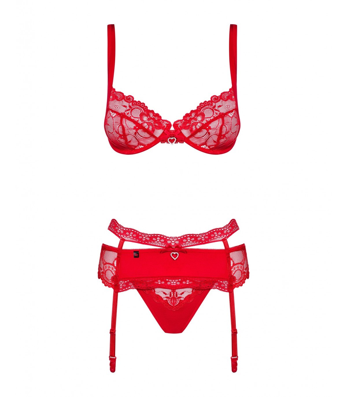 Obsessive Seductive Heartina Bra, Thong, Garter Belt Rojo S/M