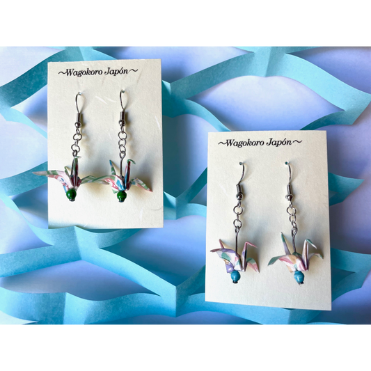 Wagokoro Japón Pendientes Grulla Azul-Blanco-Verde